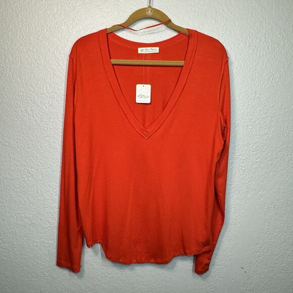Free People Top L Orange We The Free Hailey Long Sleeve Soft Stretch Relaxed NEW - Picture 1 of 10